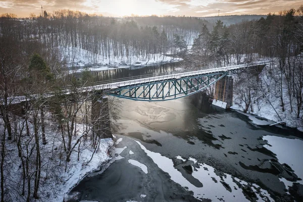 Winter Scenery Railway Bridge Rutki Radunia River Kashubia Poland — Stock Fotó