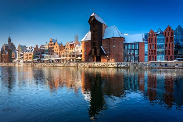 Medieval Port Crane Gdansk Motlawa River Snowy Winter Poland — Zdjęcie stockowe