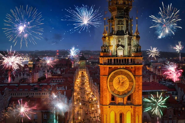 New Years Fireworks Display Old Town Gdansk Poland — 图库照片