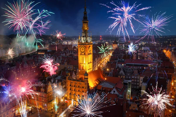 New Years Fireworks Display Old Town Gdansk Poland — Fotografia de Stock