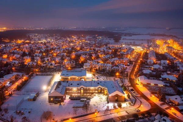 Aerial Landscape Small Village Dusk Covered Fresh Snow — Stock Photo, Image