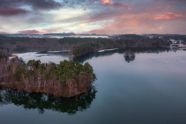 Paisaje Aéreo Lago Invernal Atardecer Polonia — Foto de Stock