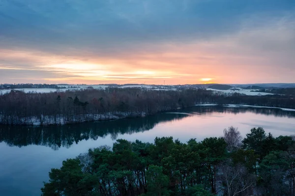 Luchtlandschap Van Een Winters Meer Bij Zonsondergang Polen — Stockfoto