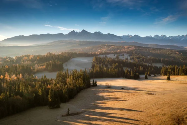 Vacker Soluppgång Ängen Tatrabergen Hösten Polen — Stockfoto