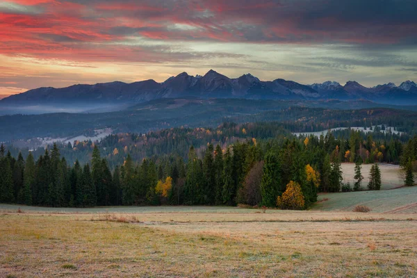 Belo Nascer Sol Prado Sob Montanhas Tatra Outono Polónia — Fotografia de Stock