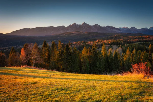 Beau Lever Soleil Sur Prairie Sous Les Montagnes Tatra Automne — Photo