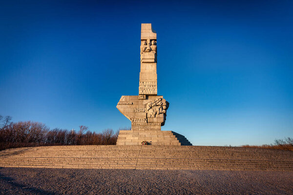 Gdansk, Poland - February 28, 2022: Westerplatte Monument in memory of the Polish defenders. Westerplatte peninsula is famous for the first battle of the European theater of World War II in 1939.