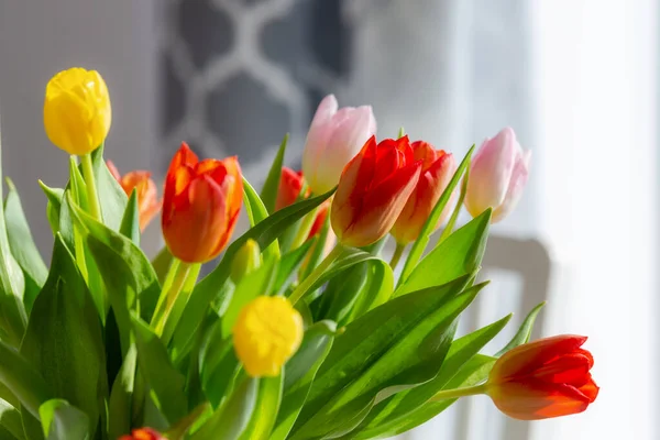 Bouquet Spring Tulips Dining Room Table — Stock Photo, Image