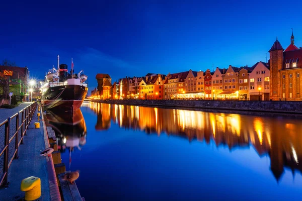 Historisk Hamnkran Gdansk Som Speglas Floden Motlawa Skymningen Polen — Stockfoto