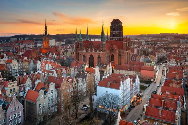 Letecký Pohled Krásné Město Gdaňsk Při Západu Slunce Polsko — Stock fotografie