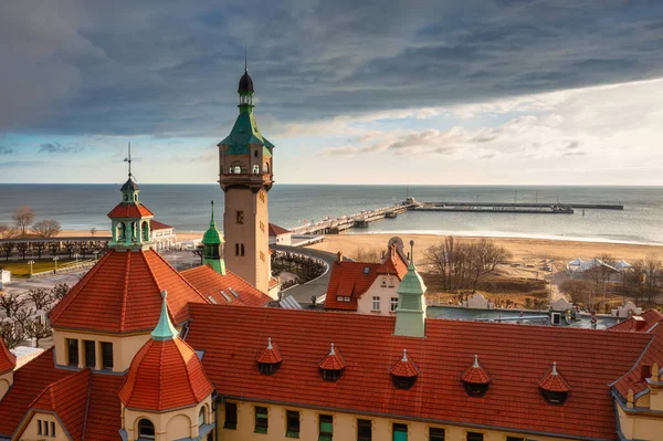 Pemandangan Udara Sopot Laut Baltik Dengan Dermaga Kayu Molo Polandia — Stok Foto