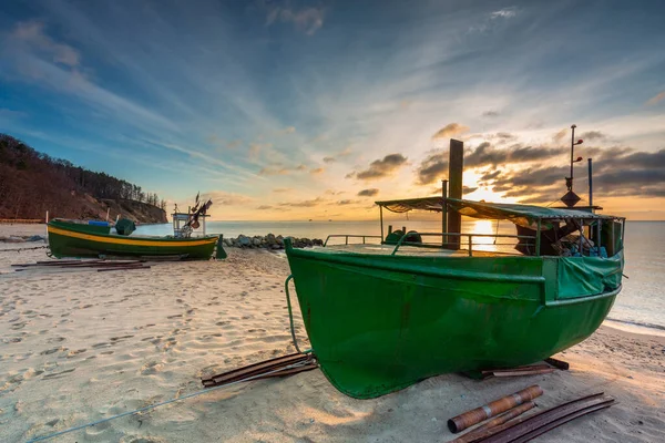 Bellissimo Paesaggio Della Spiaggia Con Barche Pesca All Alba Gdynia — Foto Stock