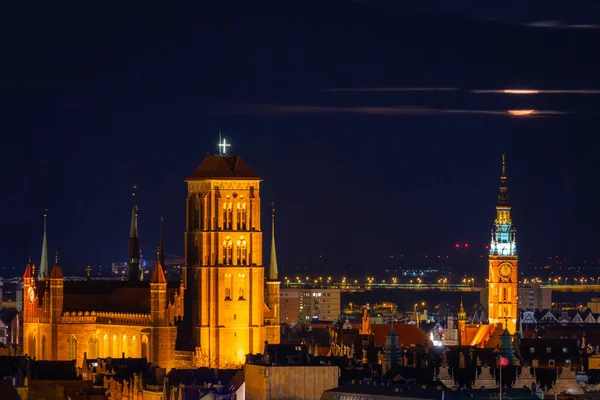 Full Moon Rising City Gdansk Night Poland — Stock Photo, Image