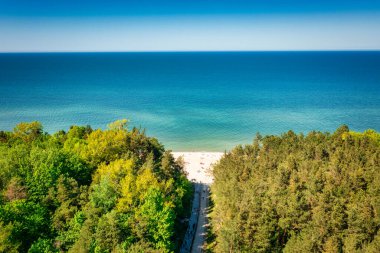 Yazın Baltık Denizi kıyısındaki Jastrzebia Gora sahilinin havadan manzarası. Polonya.
