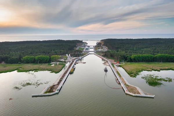 Construcción Canal Hacia Mar Báltico Saliva Del Vístula Atardecer Polonia — Foto de Stock