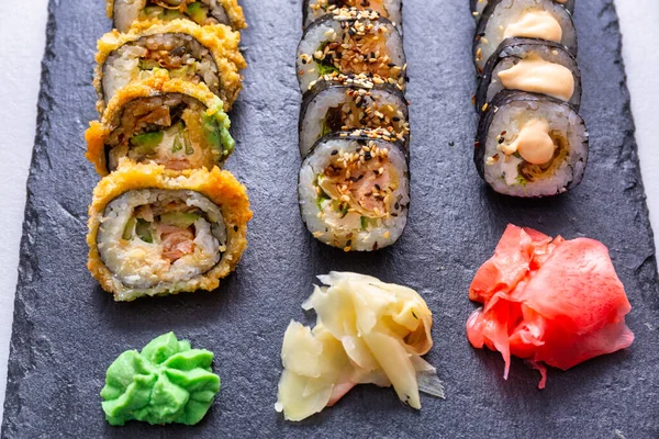 Sushi Set Grilled Tempura Stone Plate — Fotografia de Stock