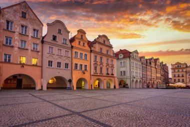 Beautiful architecture of the Town Hall Square in Jelenia Gora at sunset, Poland