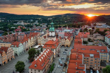 Beautiful architecture of the Town Hall Square in Jelenia Gora at sunset, Poland