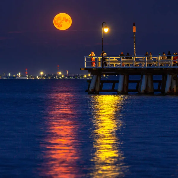 Full Moon July Pier Gdynia Orlowo Poland — Stock Photo, Image