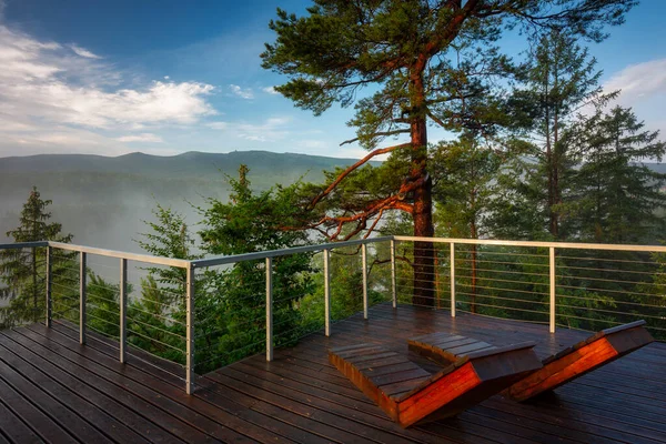 Misty Sunrise Golden View Terrace Jizera Mountains View Karkonosze Mountains — Stockfoto