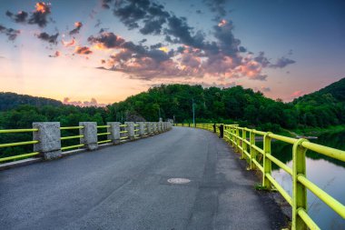 The dam and hydroelectric power plant on the Pilchowickie lake at sunset, Lower Silesia. Poland