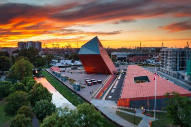 Gdansk, Poland - July 4, 2022: Aerial view of the Second World War Museum in Gdansk at sunset, Poland.