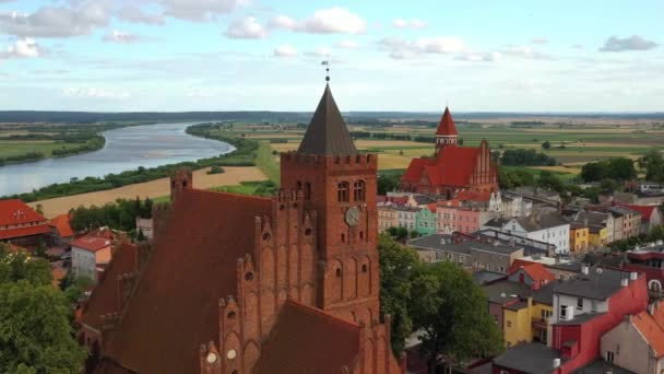 Aerial View Old Town Teutonic Castle Church Nowe Vistula River — 图库视频影像