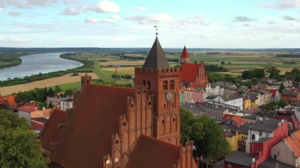 Aerial View Old Town Teutonic Castle Church Nowe Vistula River — 图库视频影像