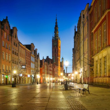 Beautiful old town in Gdansk with historical city hall at dawn, Poland.