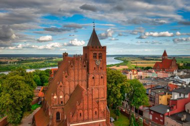 Aerial view of the old town with the Teutonic castle and the church in Nowe by the Vistula river. Poland