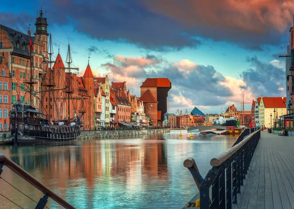 Old Town Gdansk Historical Port Crane Motlawa River Sunrise Poland — Photo