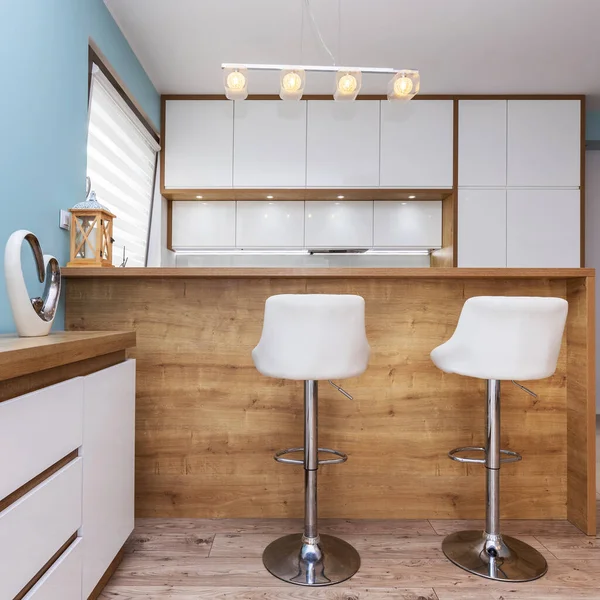 Modern White Kitchen Interior Wooden Worktops — 스톡 사진