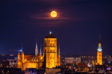 Supermoon of August rising over the Basilica in Gdansk. Poland