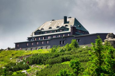 Summer scenery of the shelter on Mount Szrenica in the Karkonosze Mountains, Poland.
