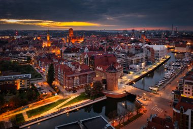 Aerial view of the beautiful main city in Gdansk at dusk, Poland clipart