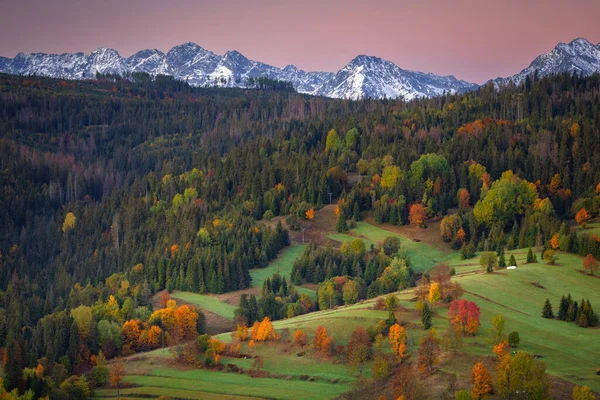 Hermoso Otoño Con Rojo Árboles Amarillos Bajo Las Montañas Tatra —  Fotos de Stock
