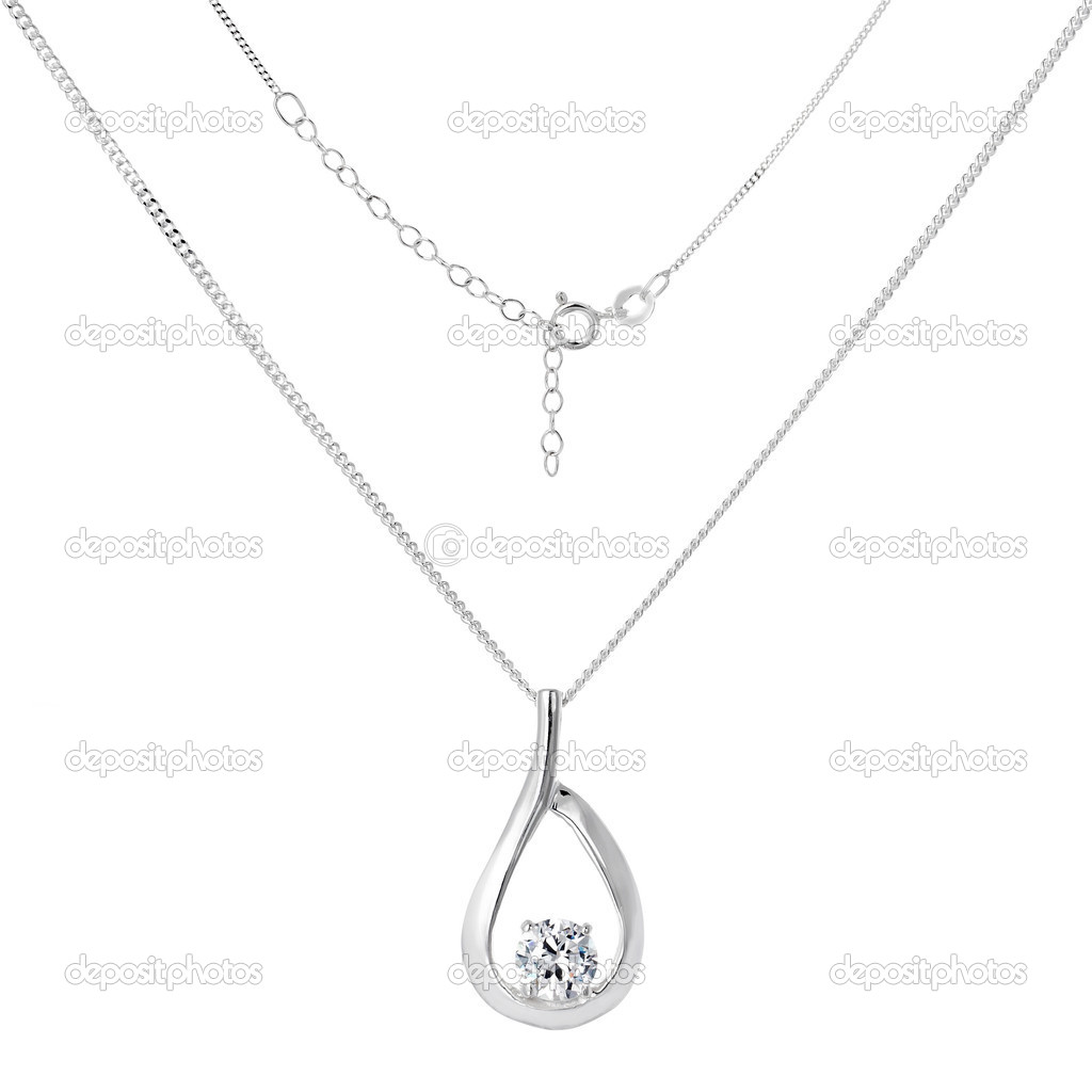 Silver necklace and pendant on white background