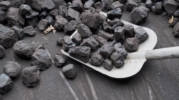 Pala Una Pila Carbón Marrón Para Calentar — Vídeo de stock