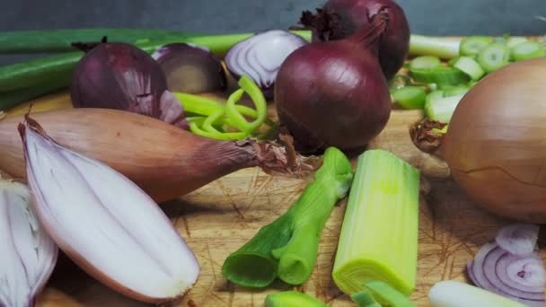 Different Types Onion Wooden Table Onions Shallots Red Spring Onions — Stock Video