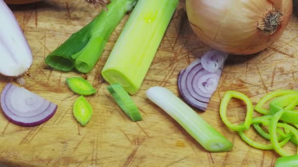Different Types Onion Wooden Table Onions Shallots Red Spring Onions — Stock Video