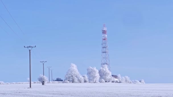 冬の送電塔 携帯アンテナ付き電気通信塔及び衛星放送皿 — ストック動画