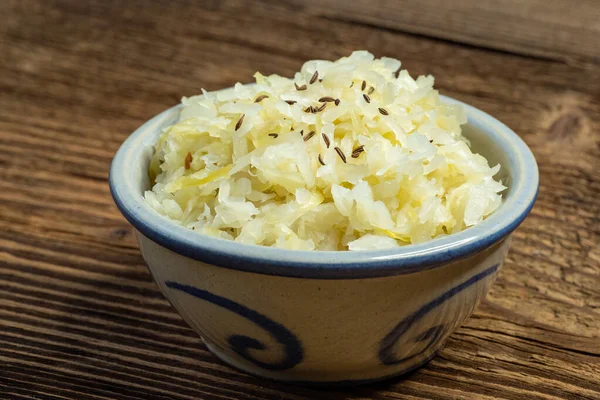 Homemade Pickled Sauerkraut Caraway Seeds Bowl Wooden Board — Stock Photo, Image