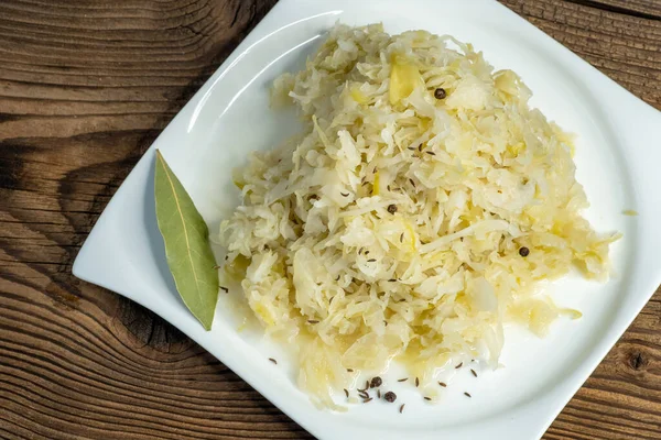Homemade Pickled Sauerkraut White Plate — Stock Photo, Image
