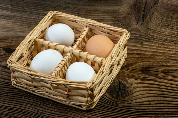 Hen Eggs Wicker Basket Old Vintage Planked Wood Table Rural — Stock Photo, Image