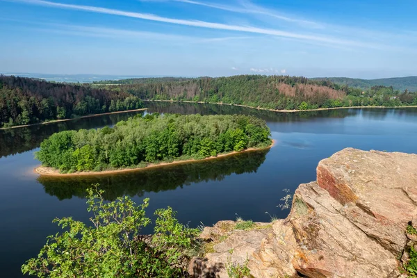 Jezioro Wyspa Drzewami Zbiornik Wodny Sec Czechy Europa — Zdjęcie stockowe