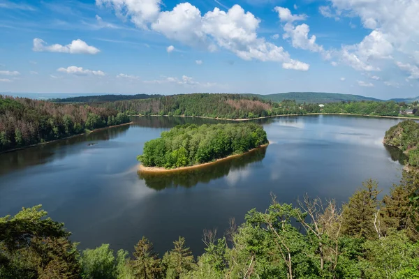 Jezioro Wyspa Drzewami Zbiornik Wodny Sec Czechy Europa — Zdjęcie stockowe