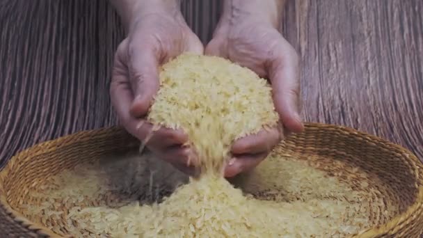 Woman Holding Handful Rice Healthy Eating Vegetarian Concept — Stock Video