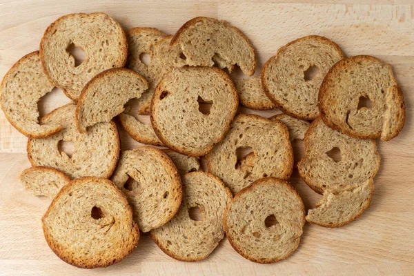 Mini Rolls Baked Bread Wooden Background Bread Chips — Fotografia de Stock