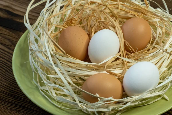 Brown White Eggs Straw Nest — Stock Photo, Image