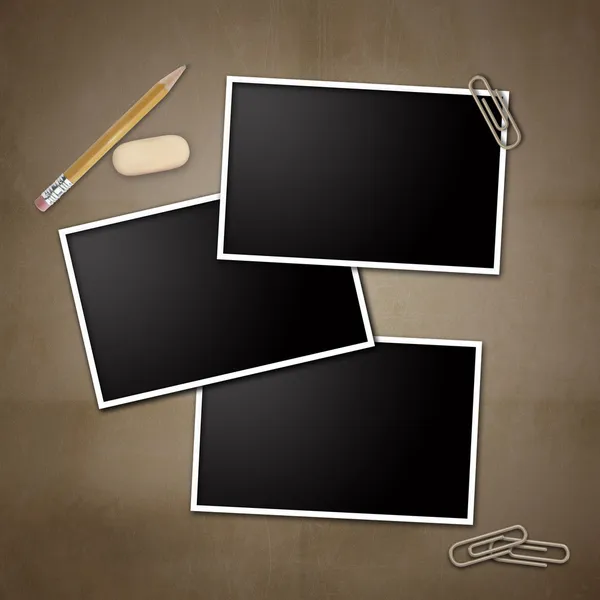 Photo frames with pencil, eraser, clip — Stock Photo, Image